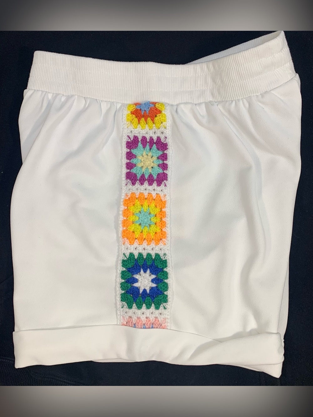 Rebellion White Cuffed Athletic Shorts with Colorful Crochet Trim Women’s S